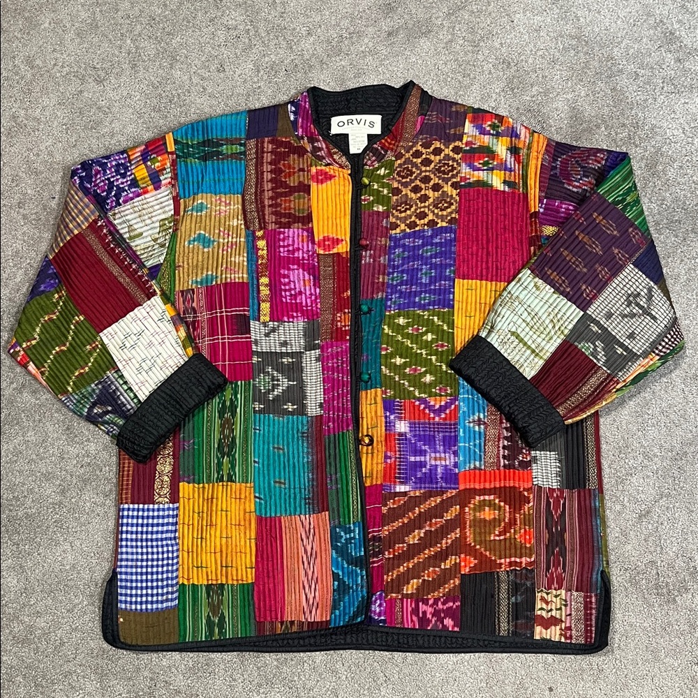 Vintage Orvis 100% Silk Quilted Colorful Patchwork Jacket Medium